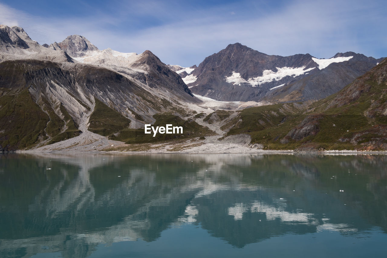 Scenic view of lake and snowcapped mountains against sky