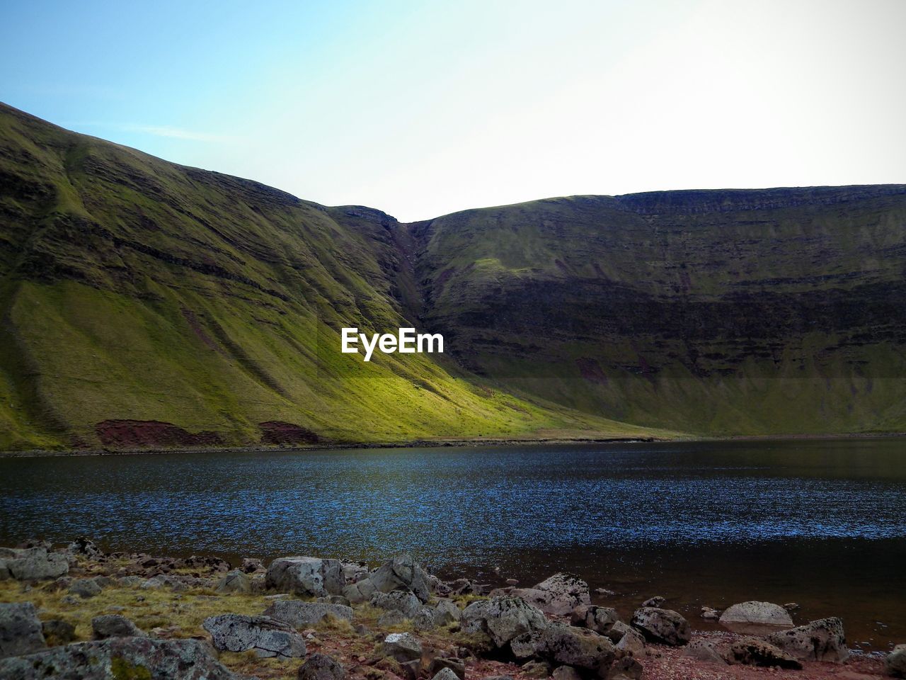 View of calm lake against mountain range