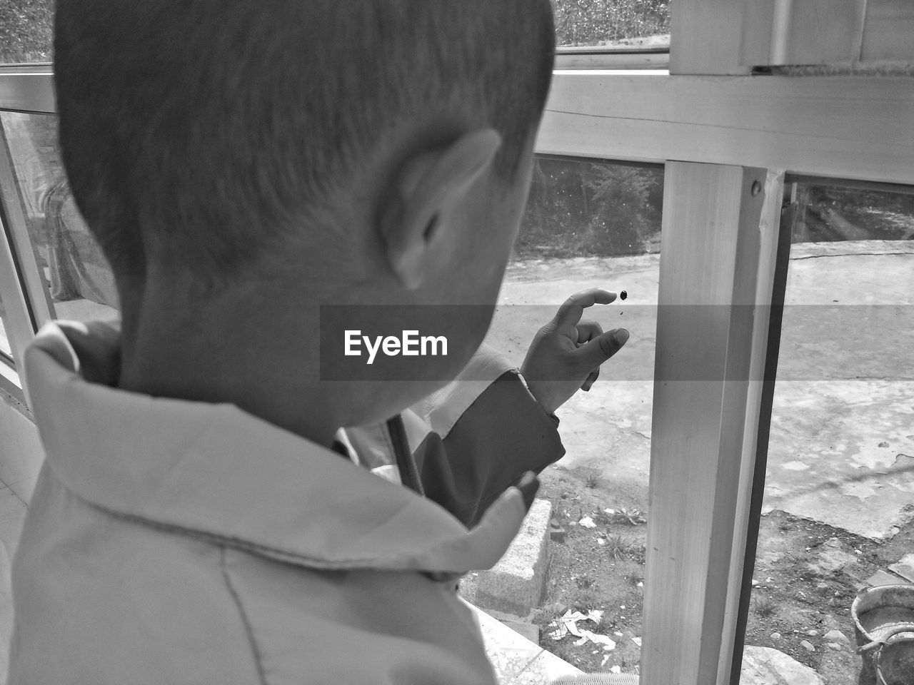 Close-up of boy looking through window at home