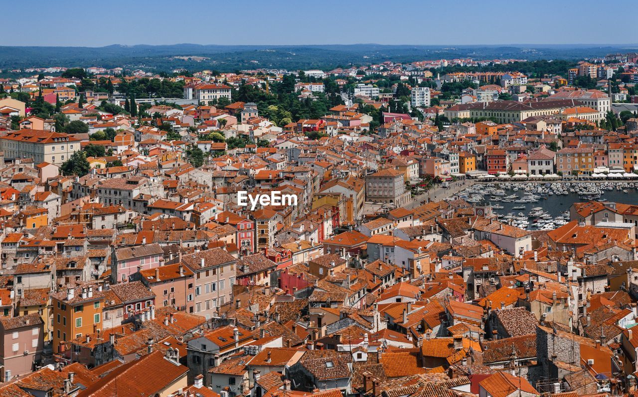 High angle view of cityscape against clear sky