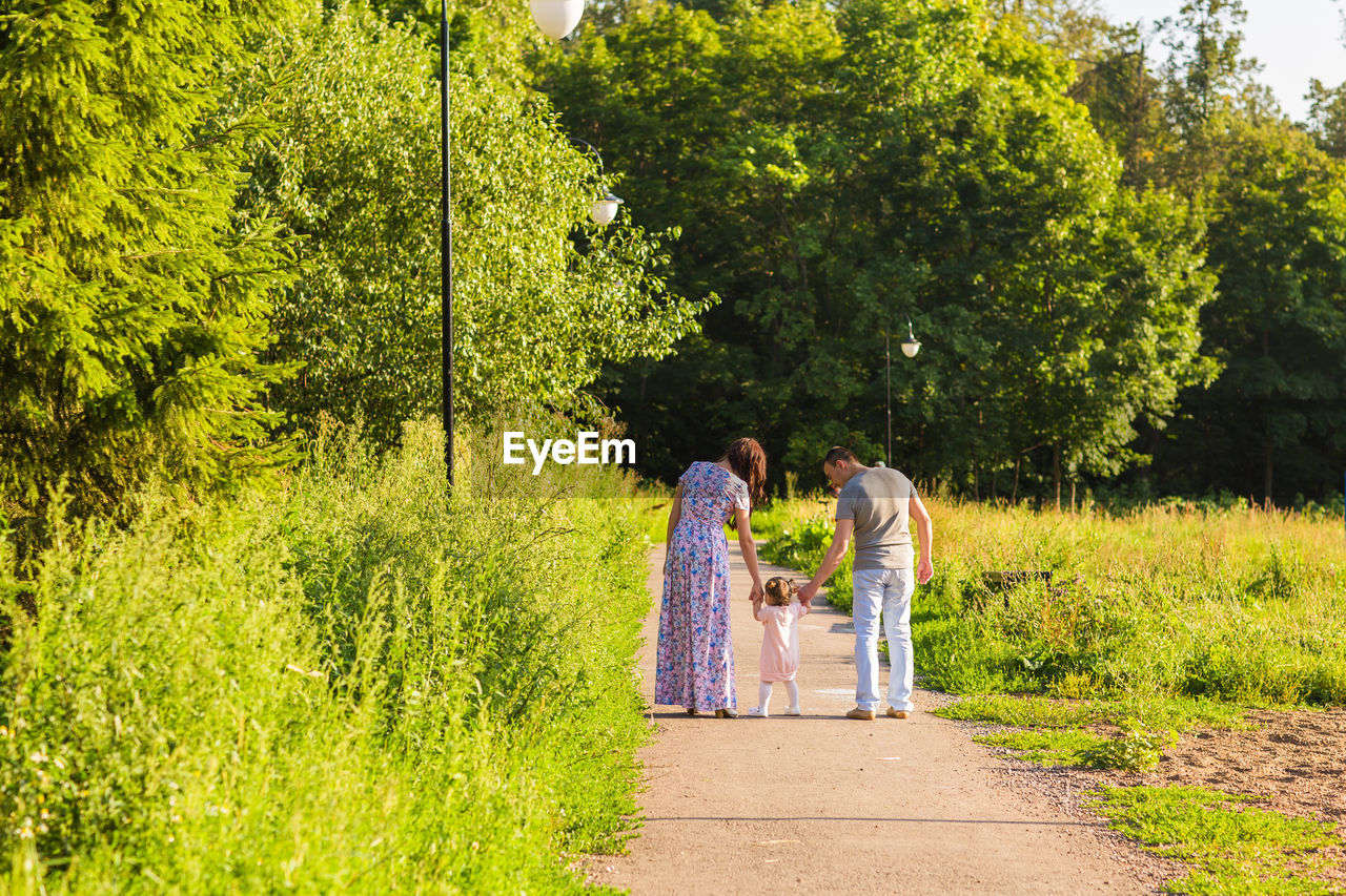 Rear view of people walking on footpath amidst plants