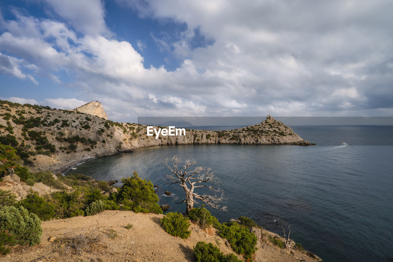 Panorama of cape kapchik near coastline of black sea. novyi svit, crimea