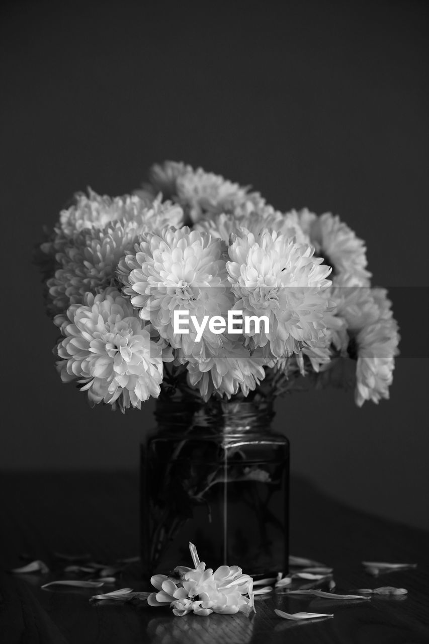 Close-up of flower vase on table against black background