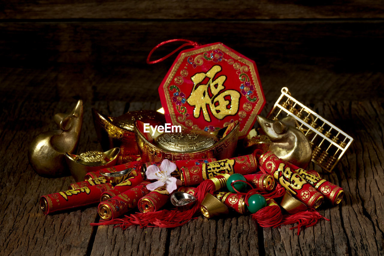 Close-up of various objects on table during chinese new year