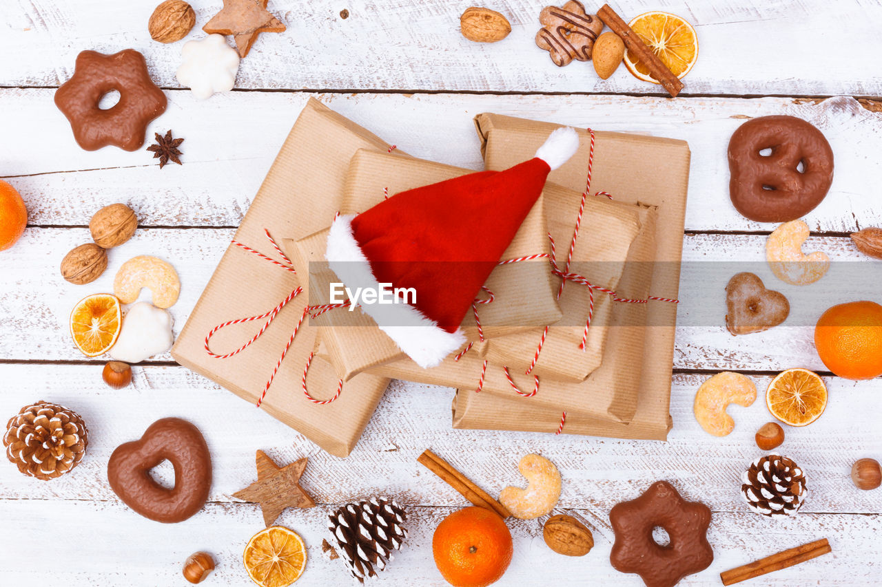 High angle view of christmas decorations on table