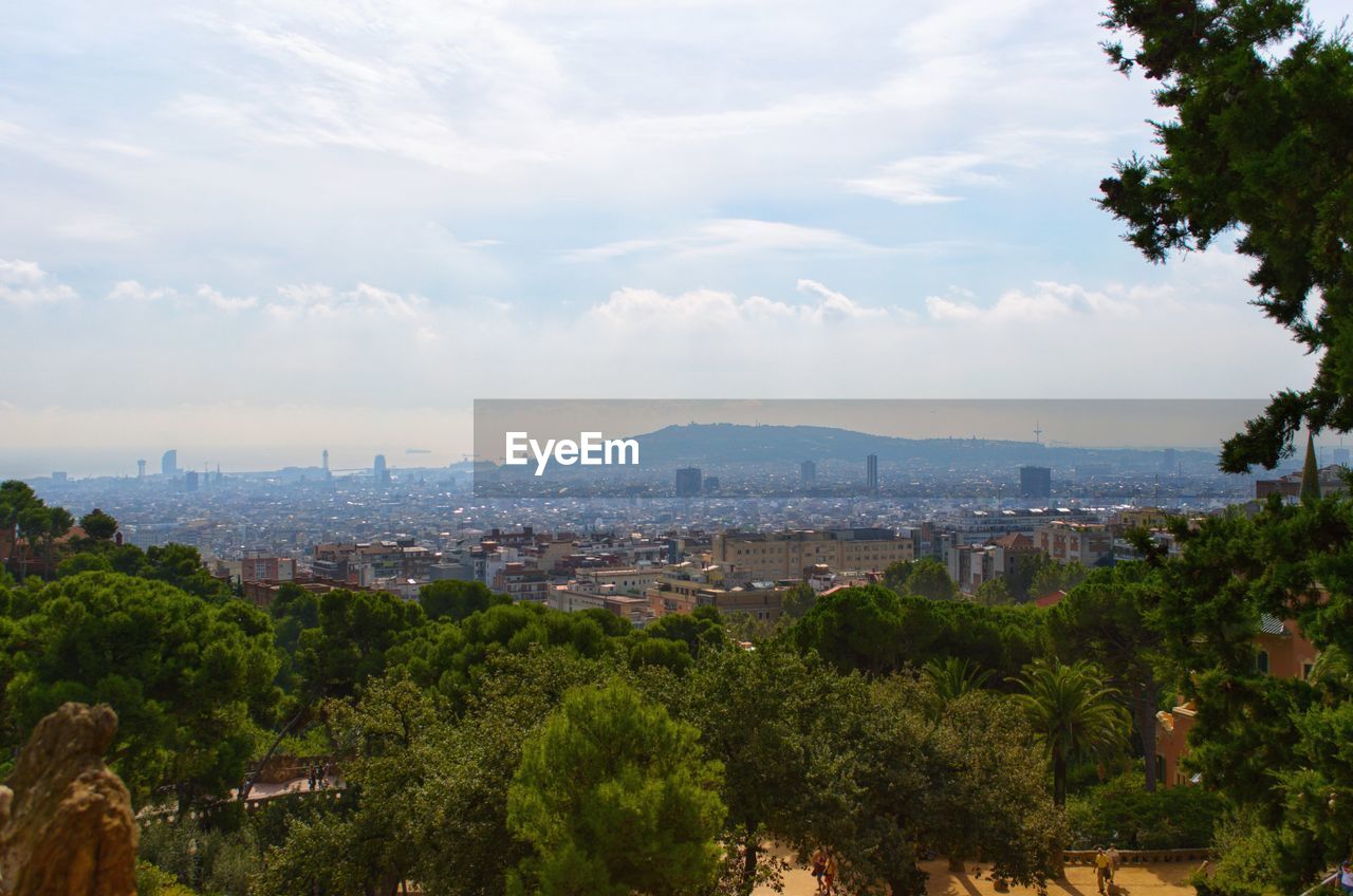 HIGH ANGLE VIEW OF TREES AND BUILDINGS AGAINST SKY