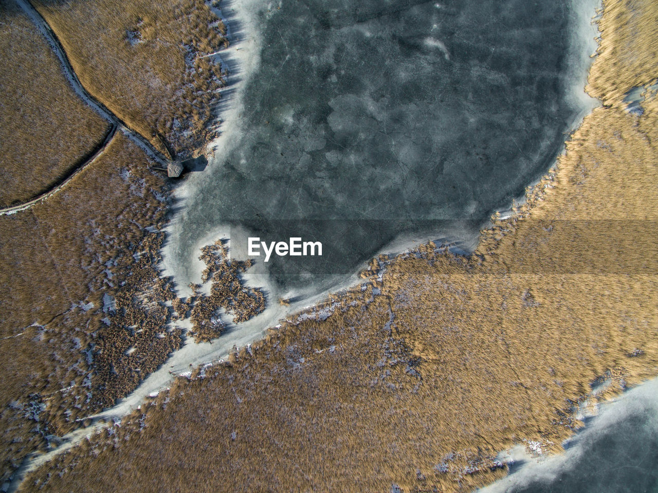 Aerial view of lake by landscape