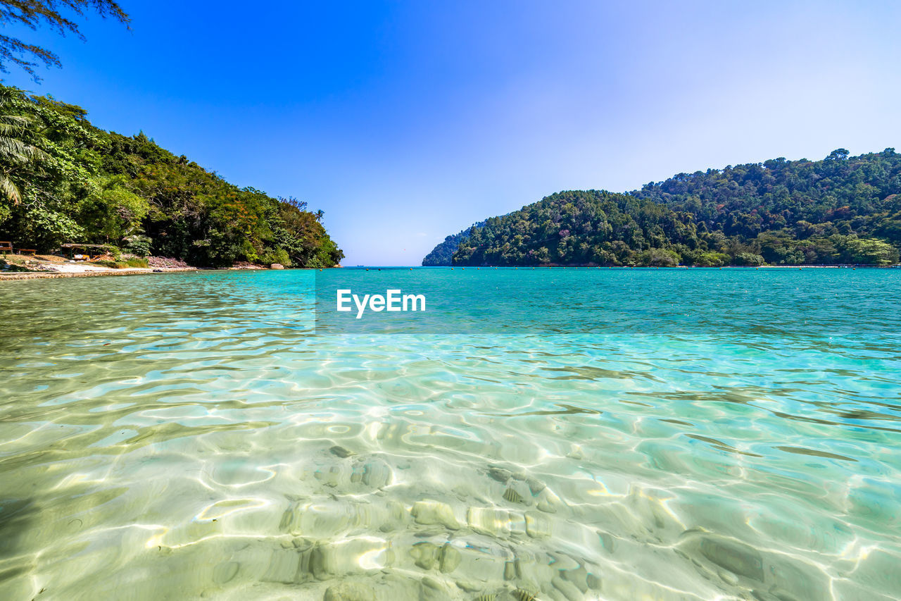 Scenic view of sea against clear blue sky