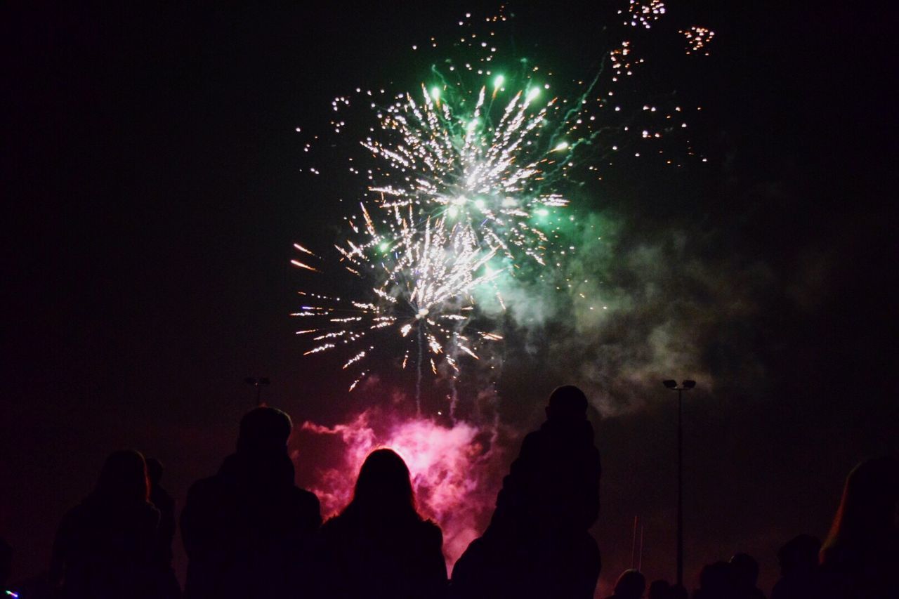 Silhouette people standing on field during firework display at night