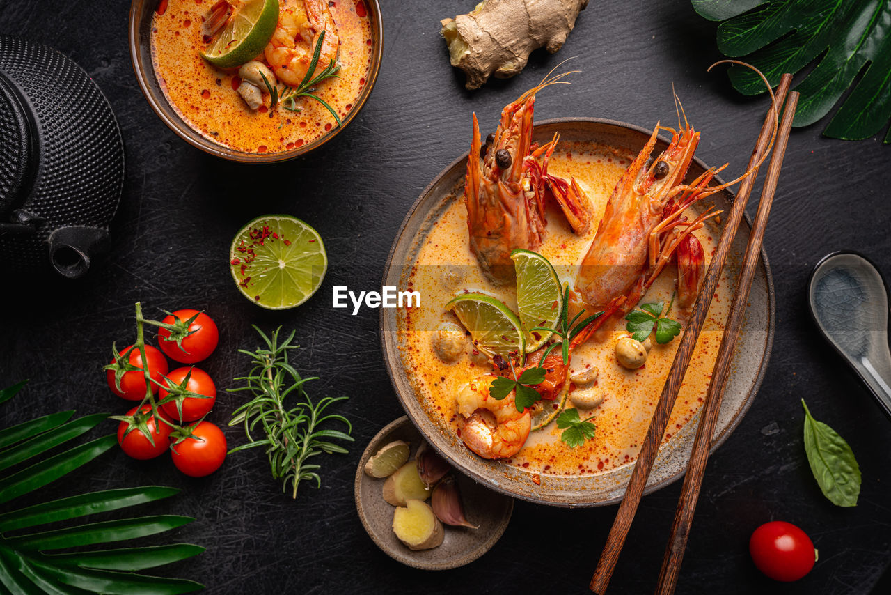 high angle view of seafood on table