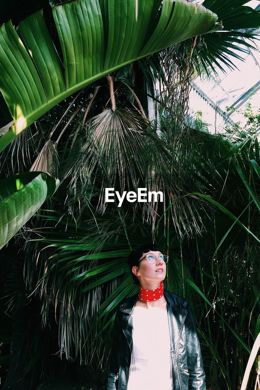 Woman standing by palm tree