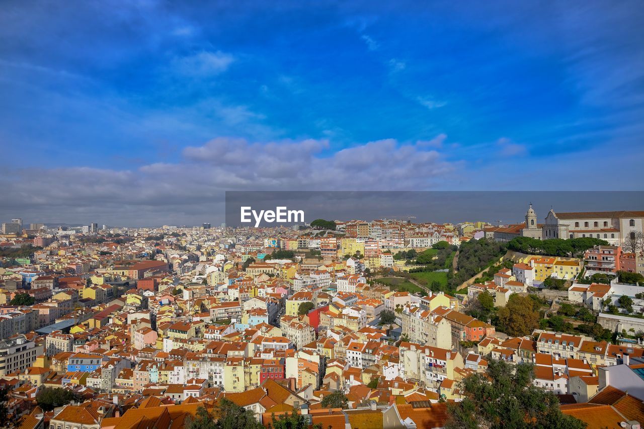High view of lisbon skyline, portugal traditional architecture 