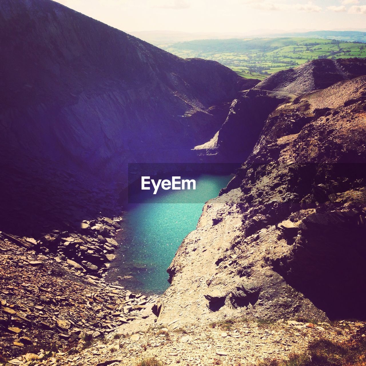 High angle view lake amidst mountains