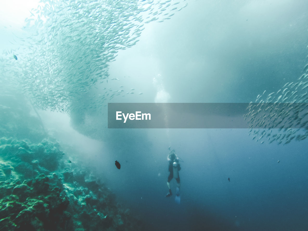 WOMAN SWIMMING IN SEA WITH UNDERWATER