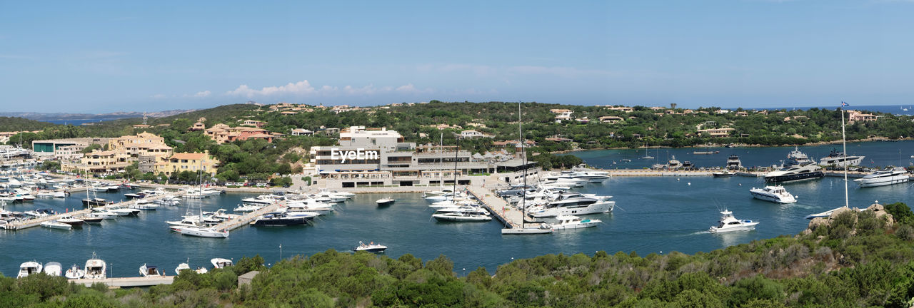 High angle view of sailboats in city