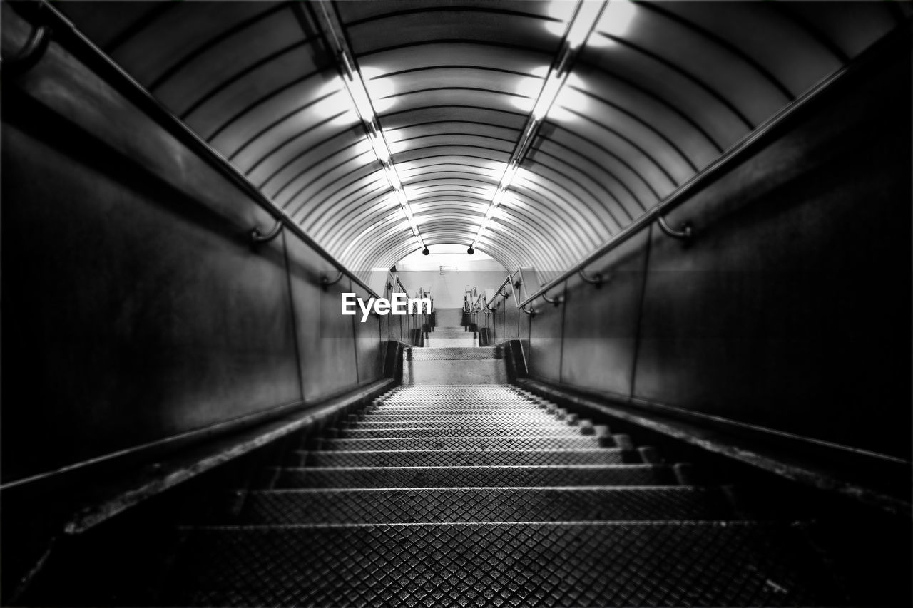 High angle view of illuminated escalator