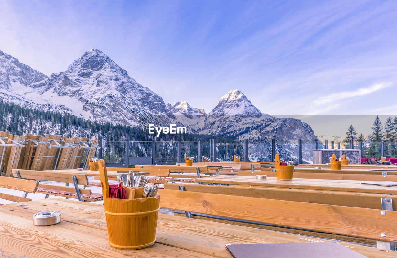 Restaurant facing snow capped mountain