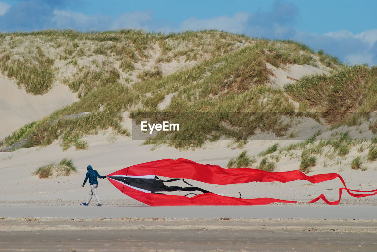 Man carrying kite on beach