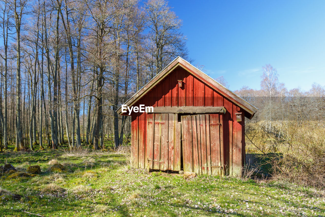 Old weathery red wood shed in a spring landscape