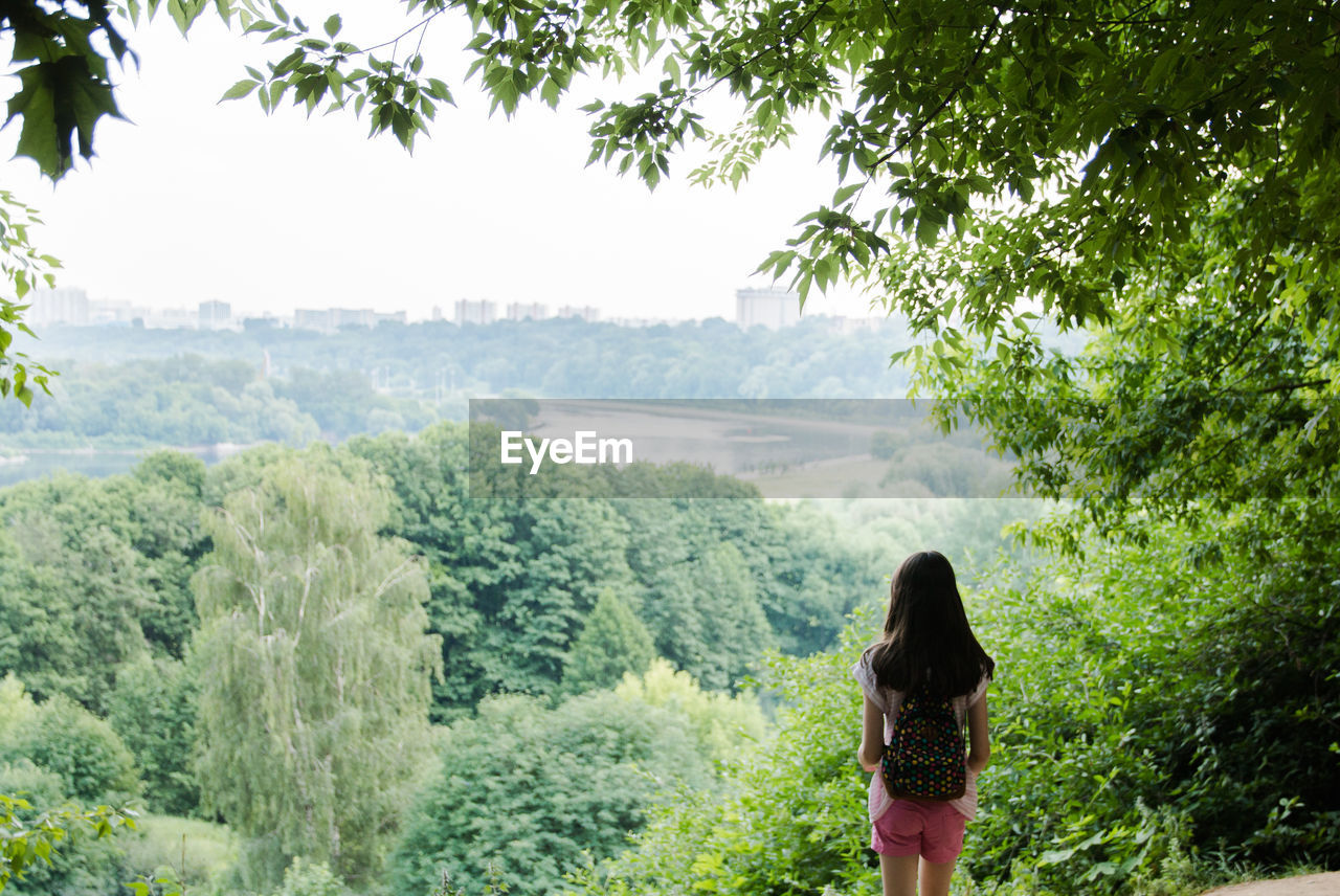 Rear view of girl looking at trees