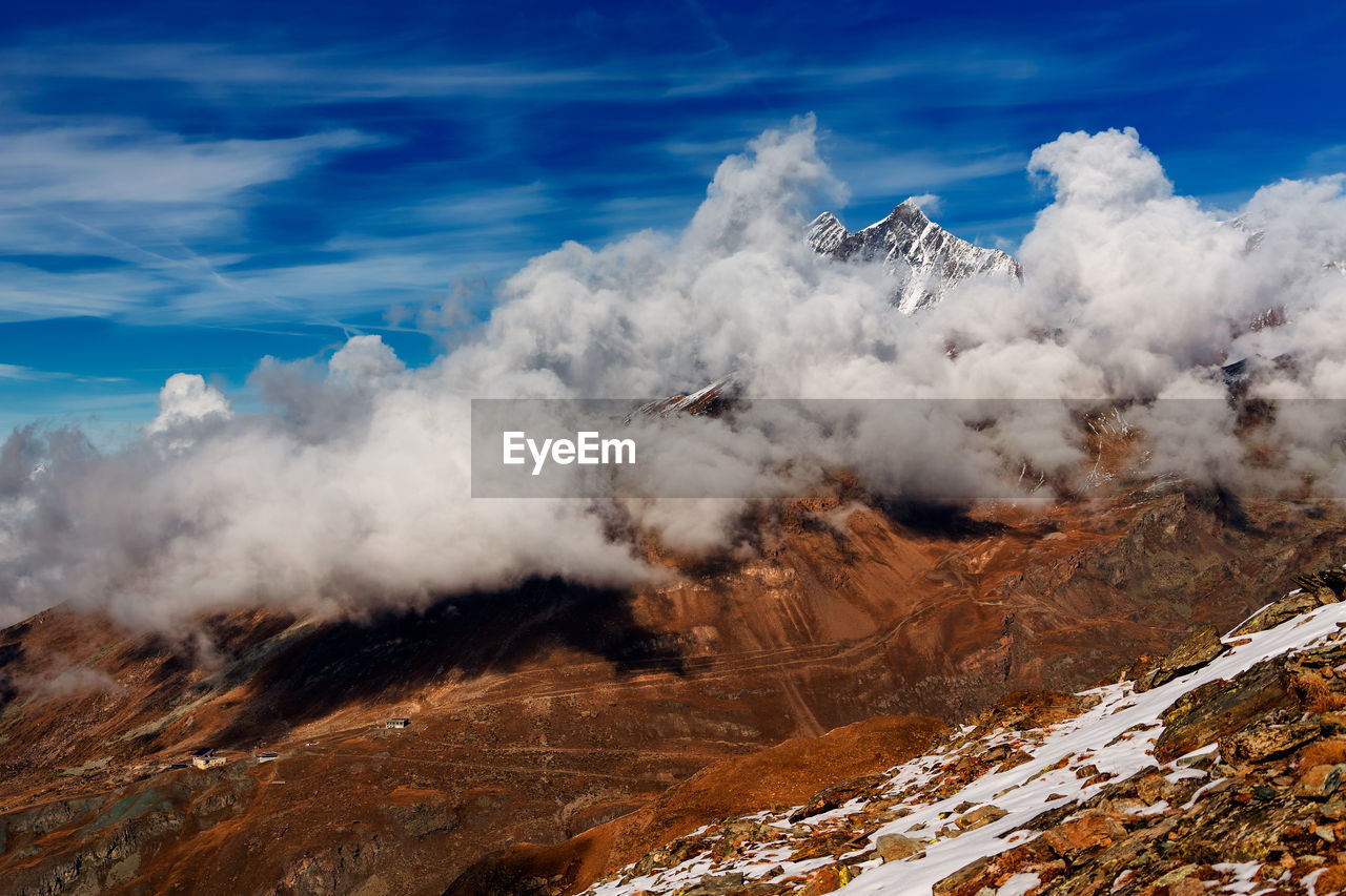 Scenic view of snow covered mountains against sky