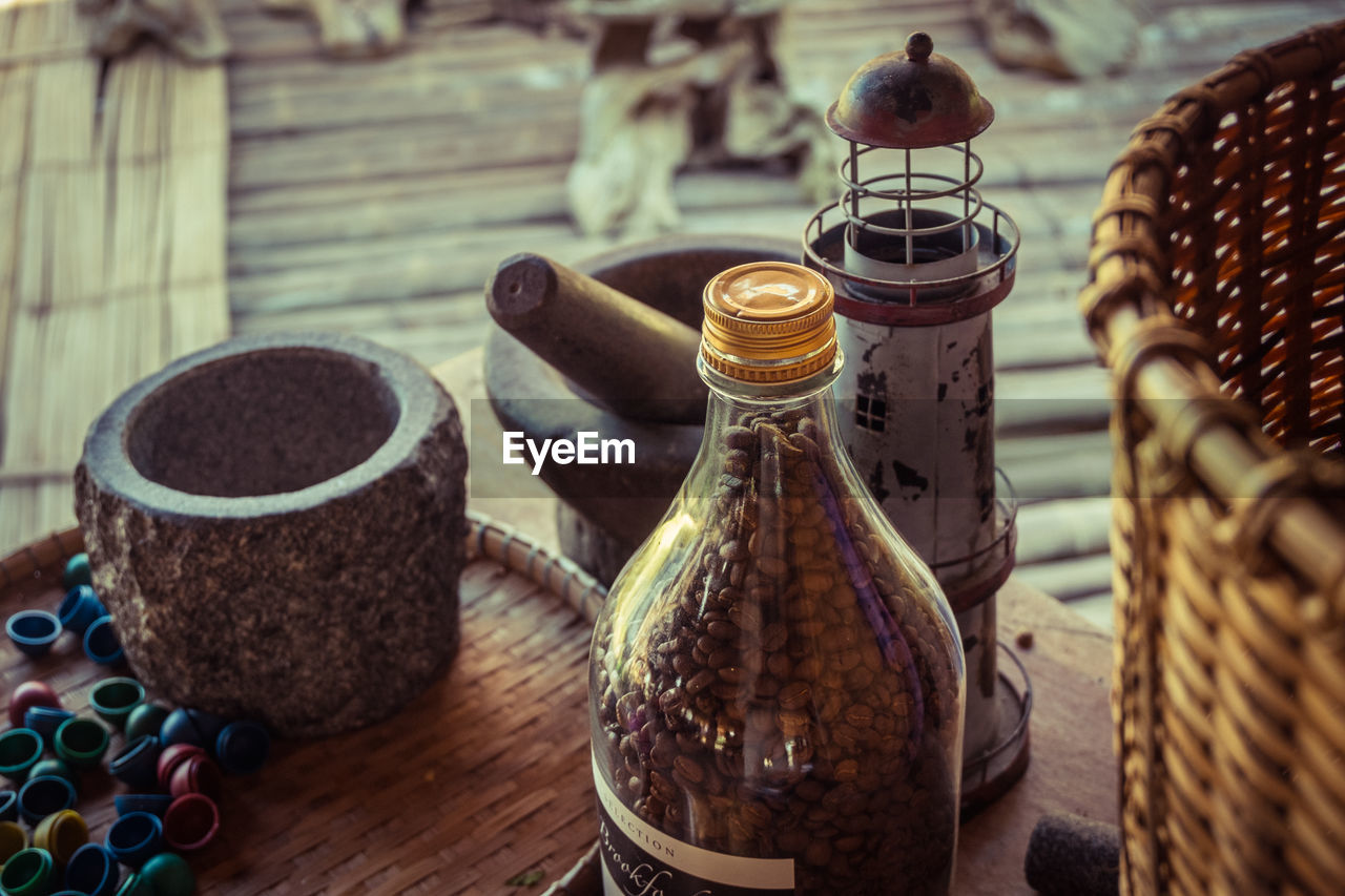 CLOSE-UP OF BASKET WITH BOTTLES