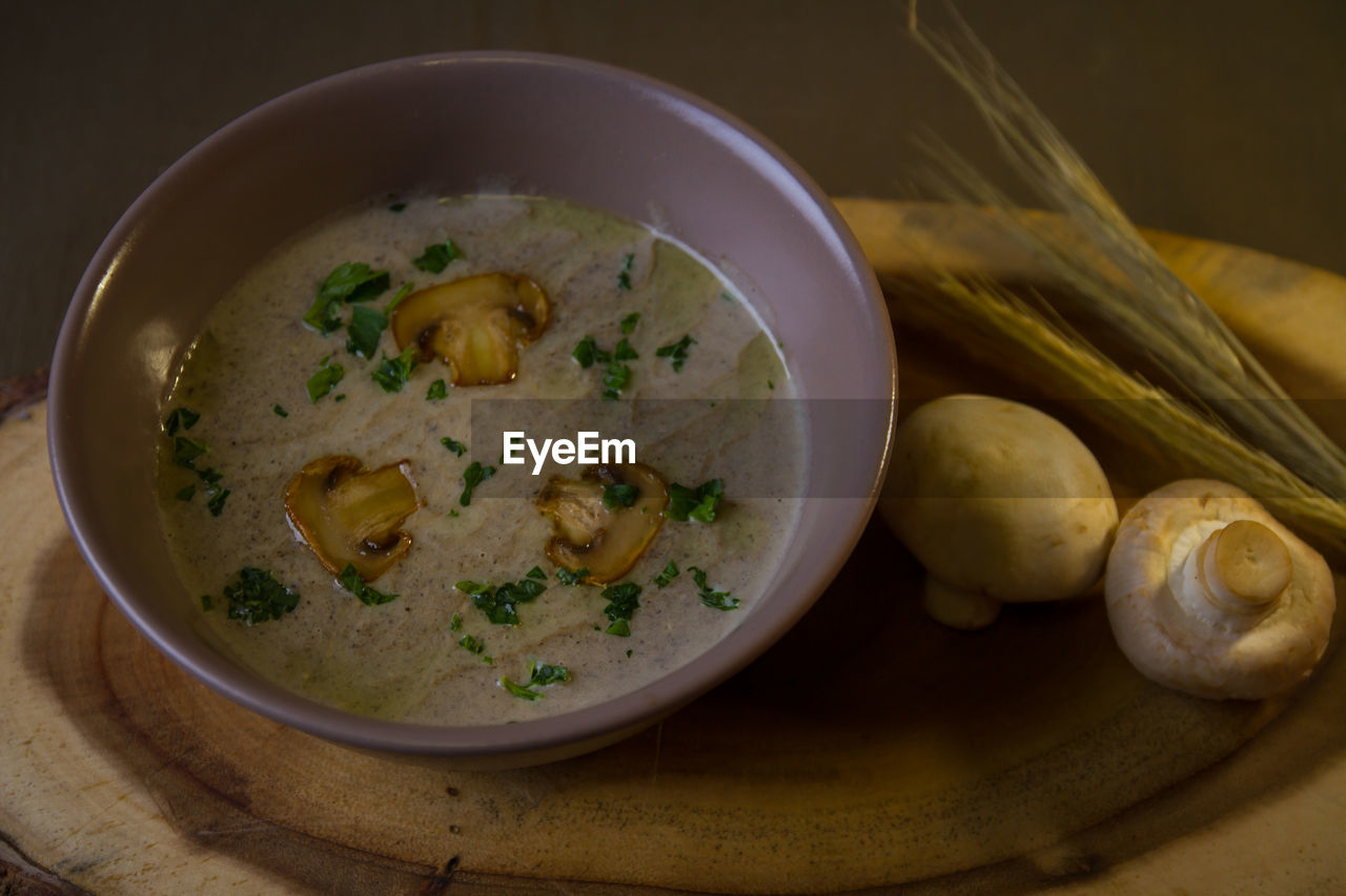 High angle view of soup in bowl on table