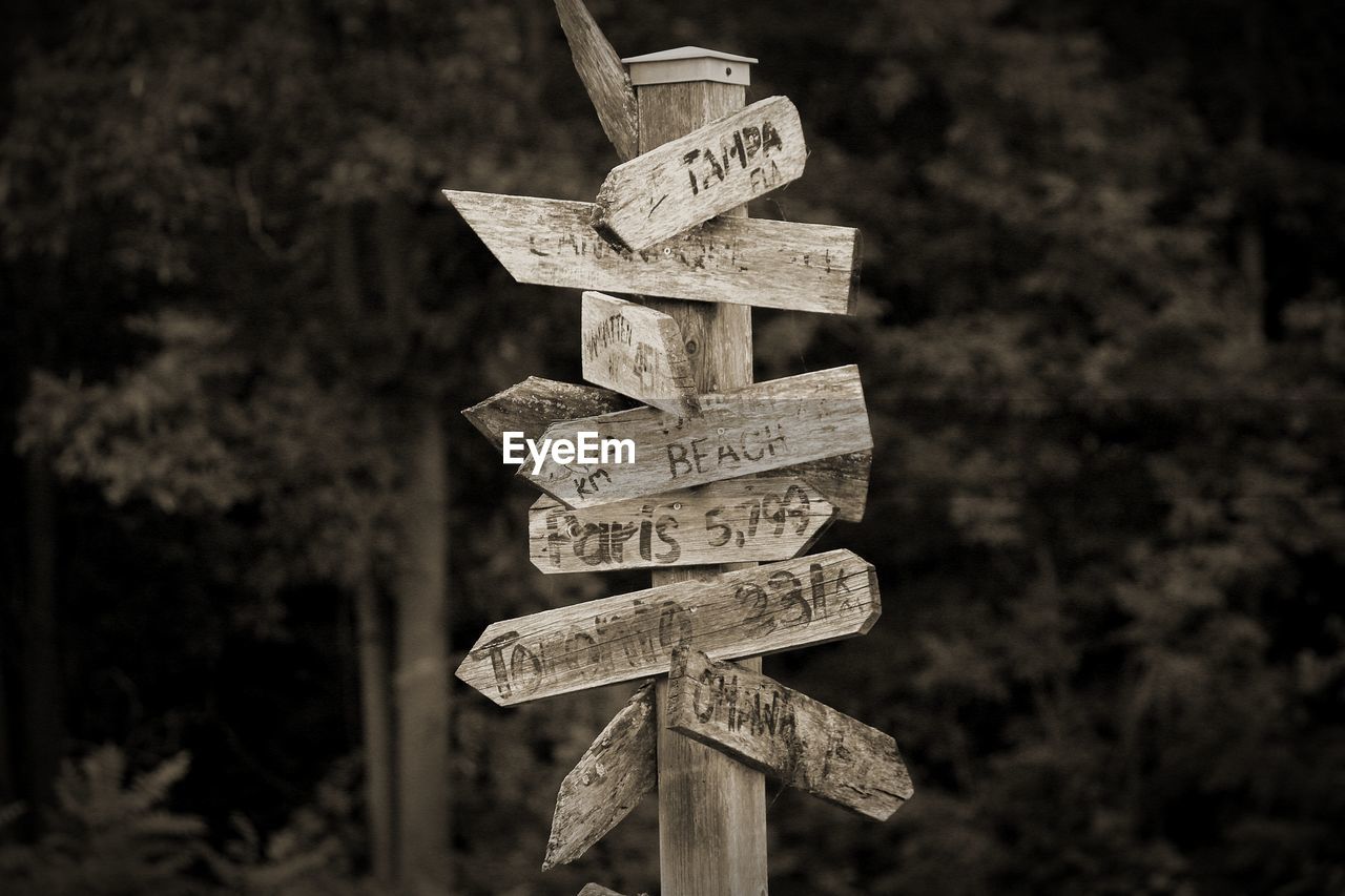 Old wooden directional arrows with destination distance 