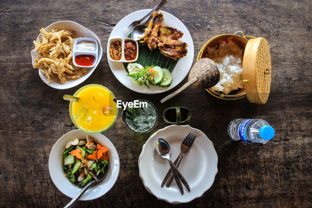 High angle view of breakfast on table