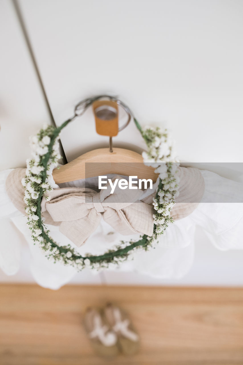 High angle view of white rose on table