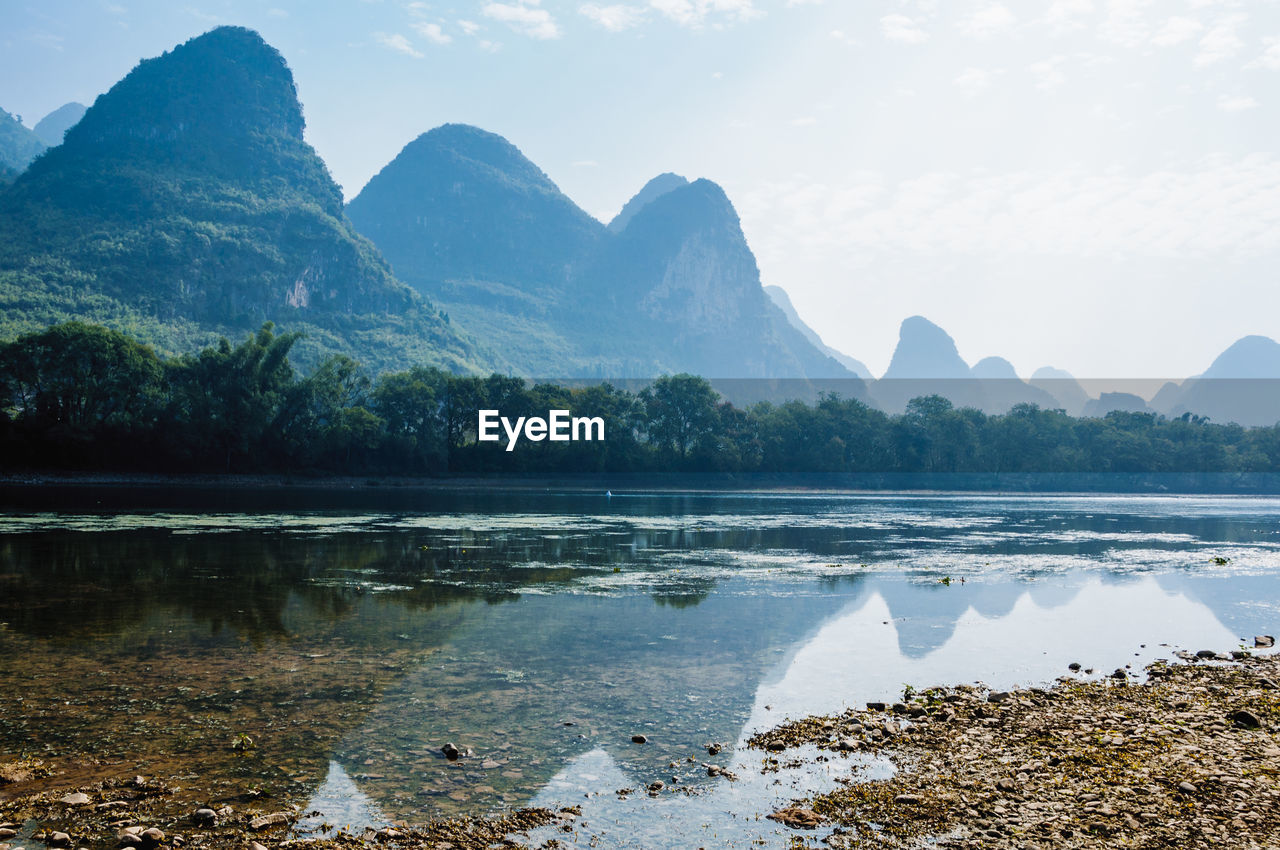 Scenic view of lake by mountains against sky