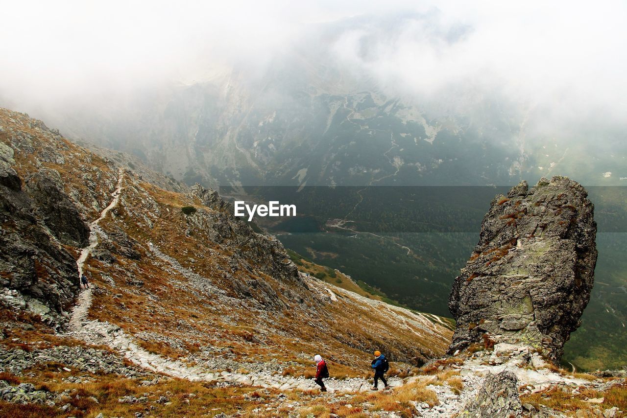 High angle view of mountaineers on country road