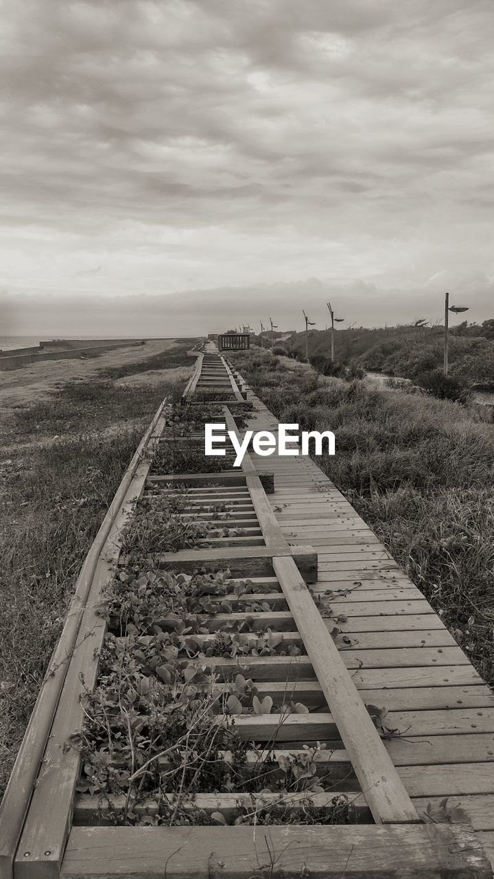 RAILROAD TRACKS AMIDST FIELD AGAINST SKY