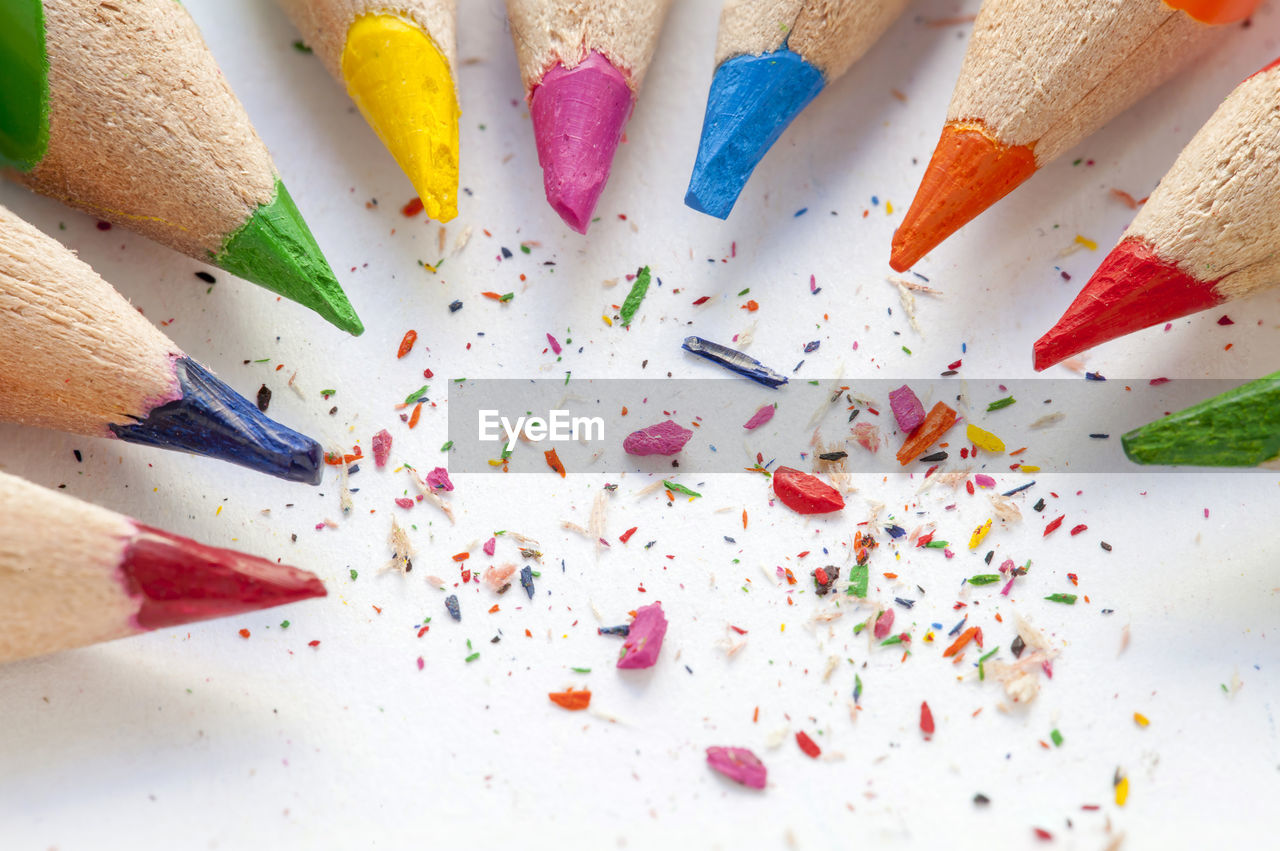 High angle view of multi colored pencils on table