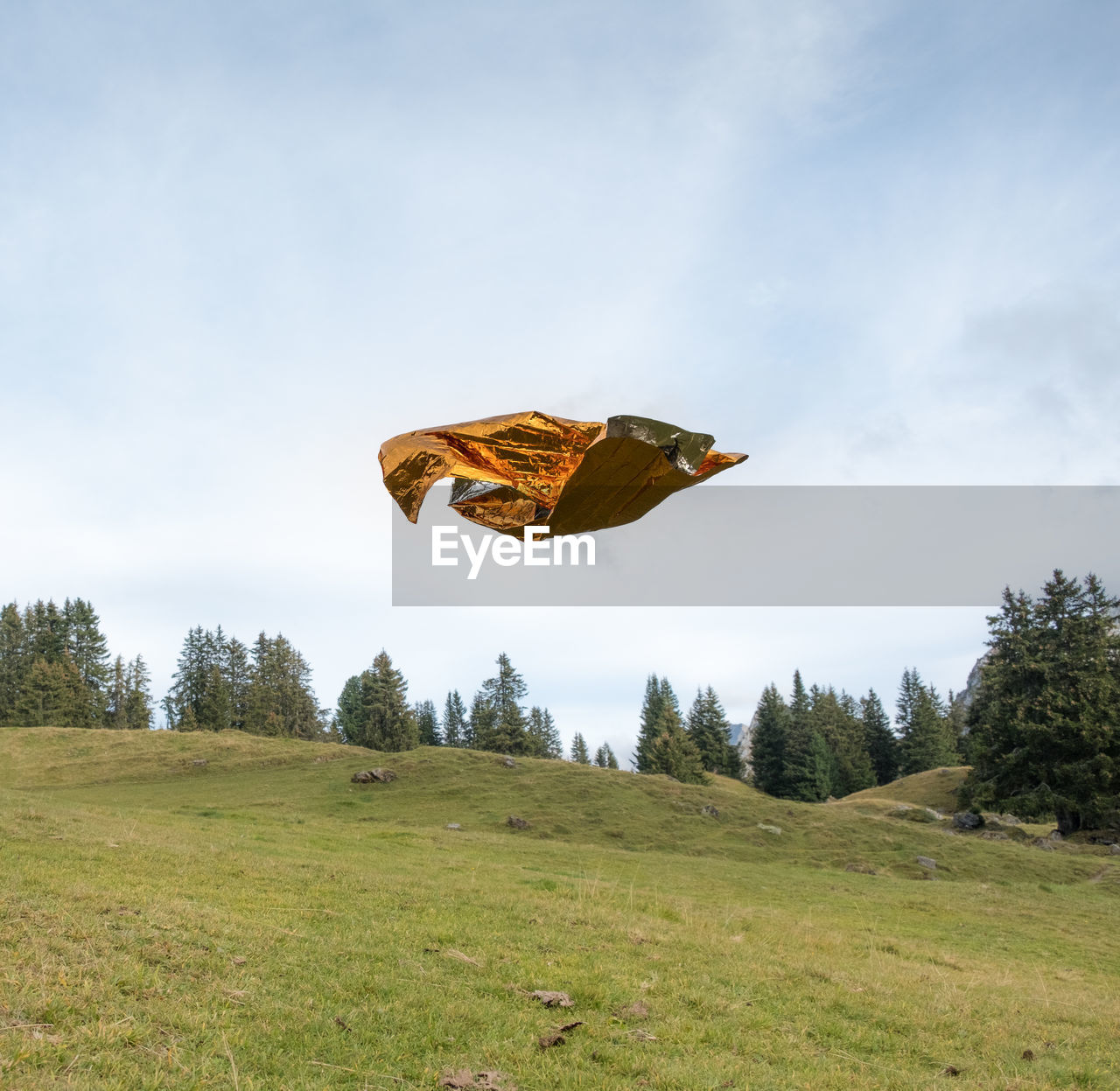 Foil flying over grassy field against sky