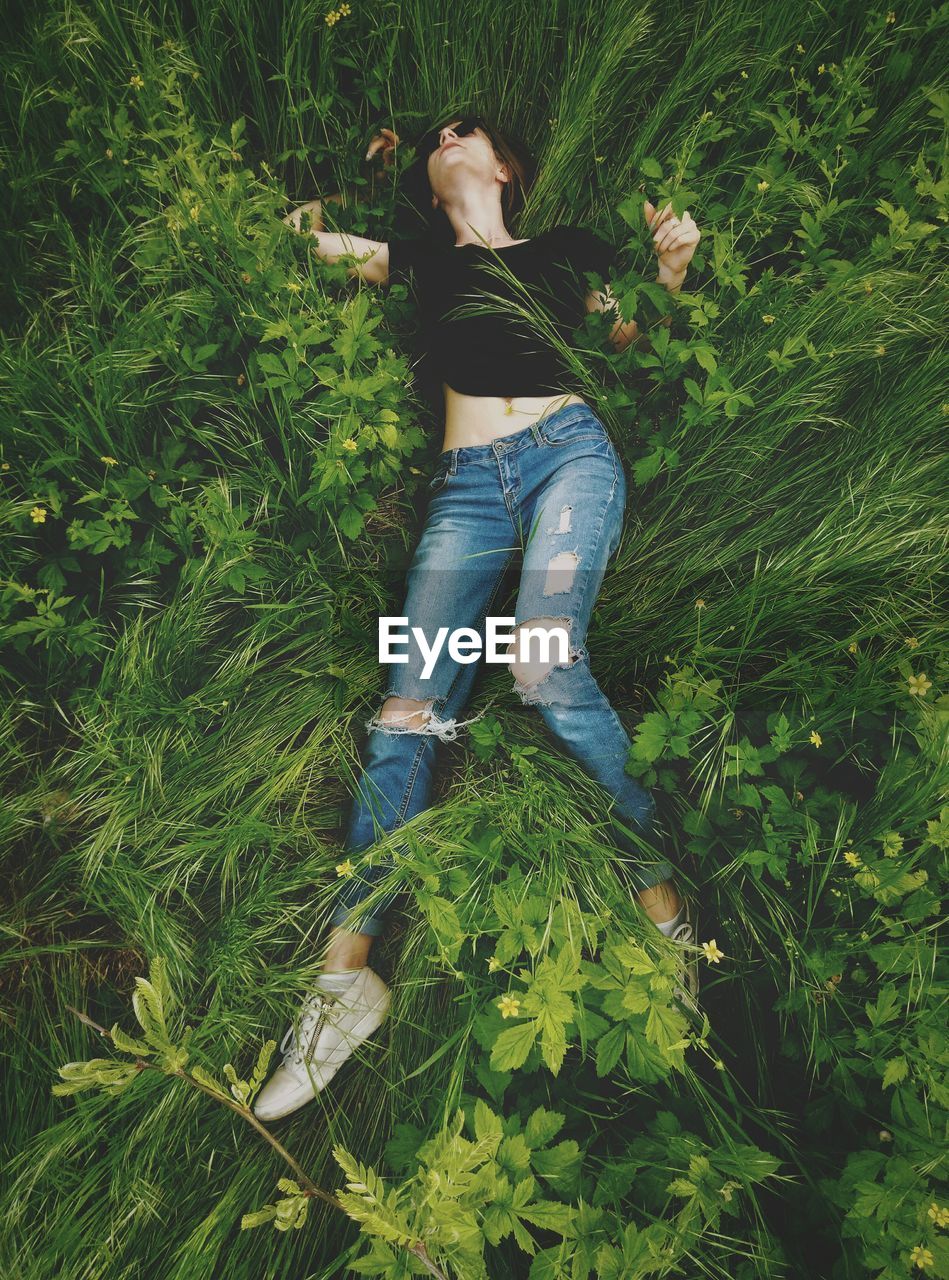 High angle view of young woman lying on plants at field