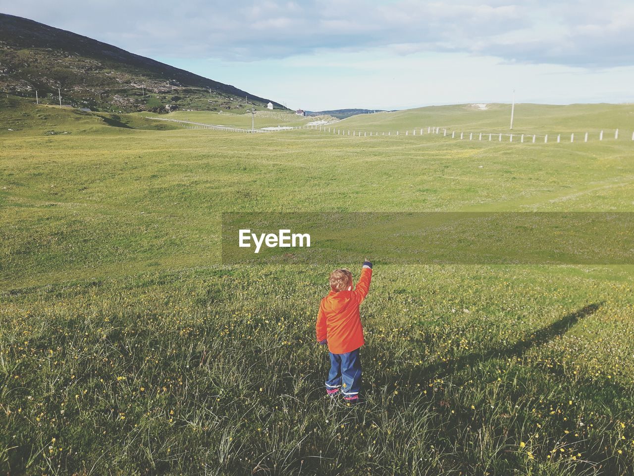 Rear view of boy standing on field