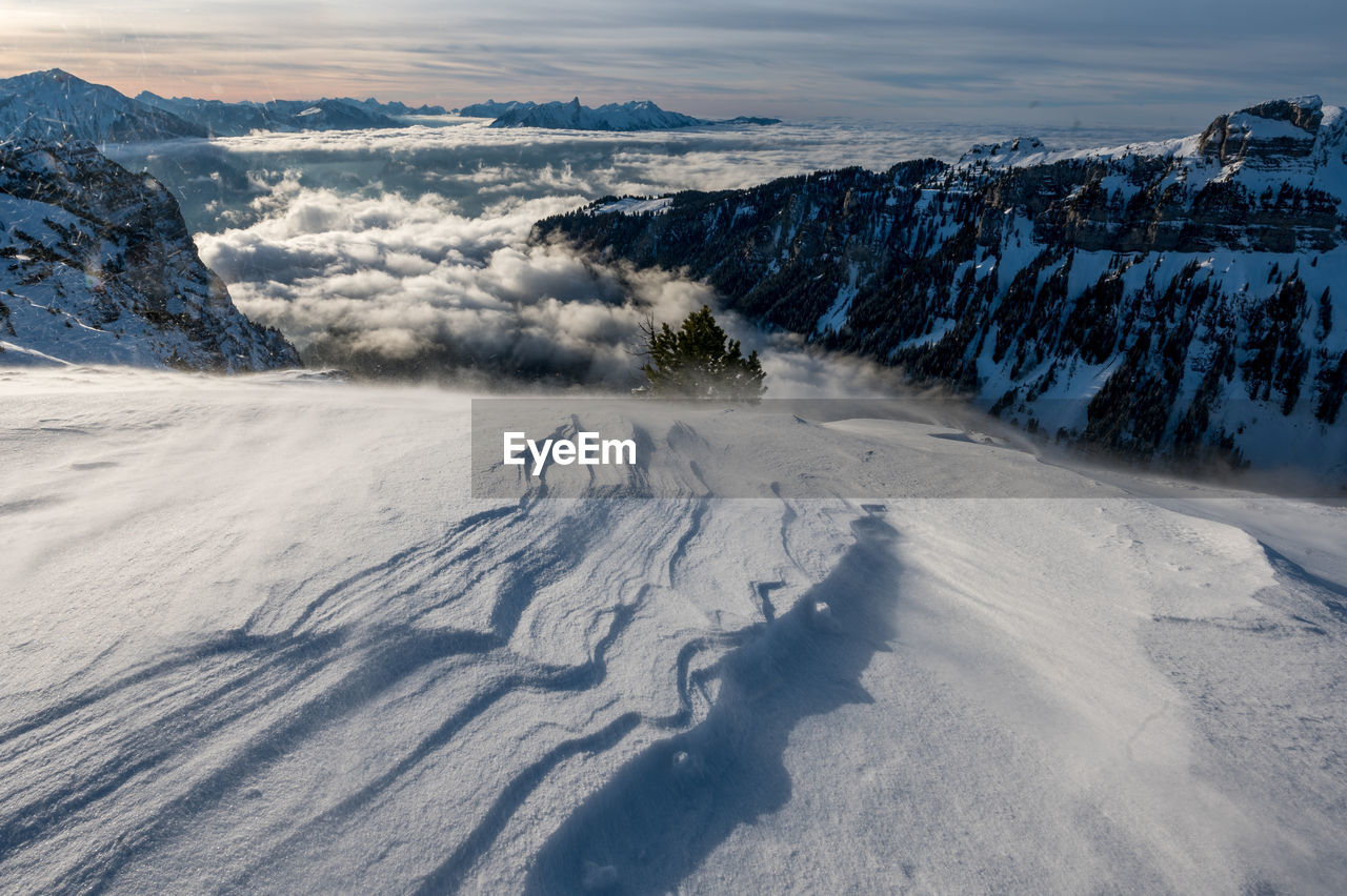 Scenic view of snowcapped mountains against sky