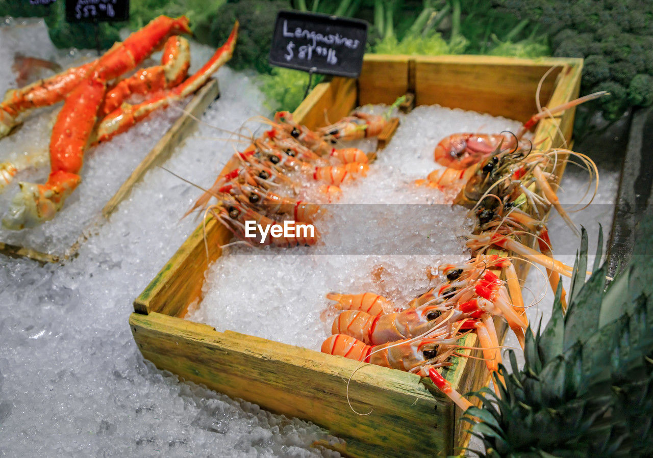 high angle view of seafood for sale at market