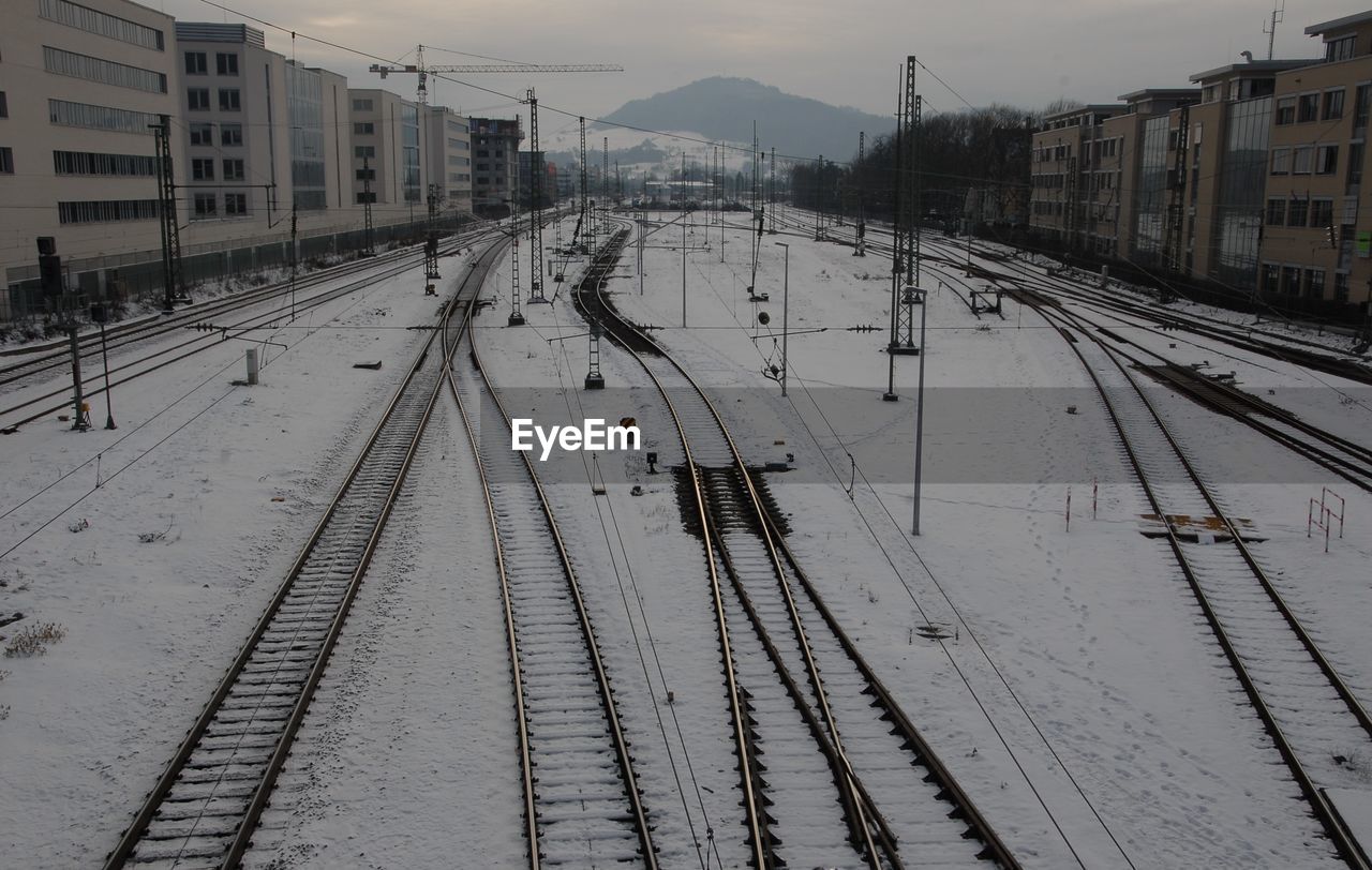 High angle view of railway tracks in winter