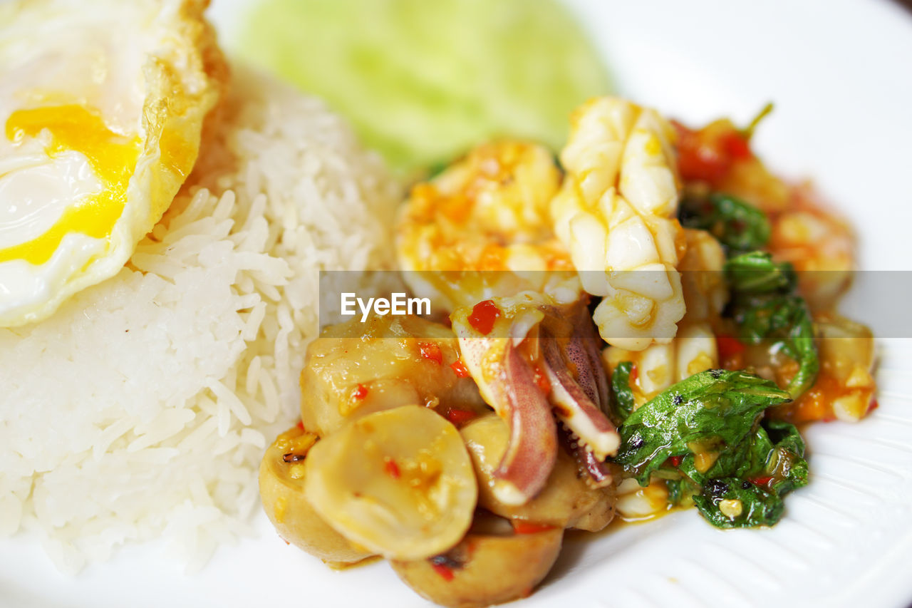 HIGH ANGLE VIEW OF MEAL SERVED IN PLATE