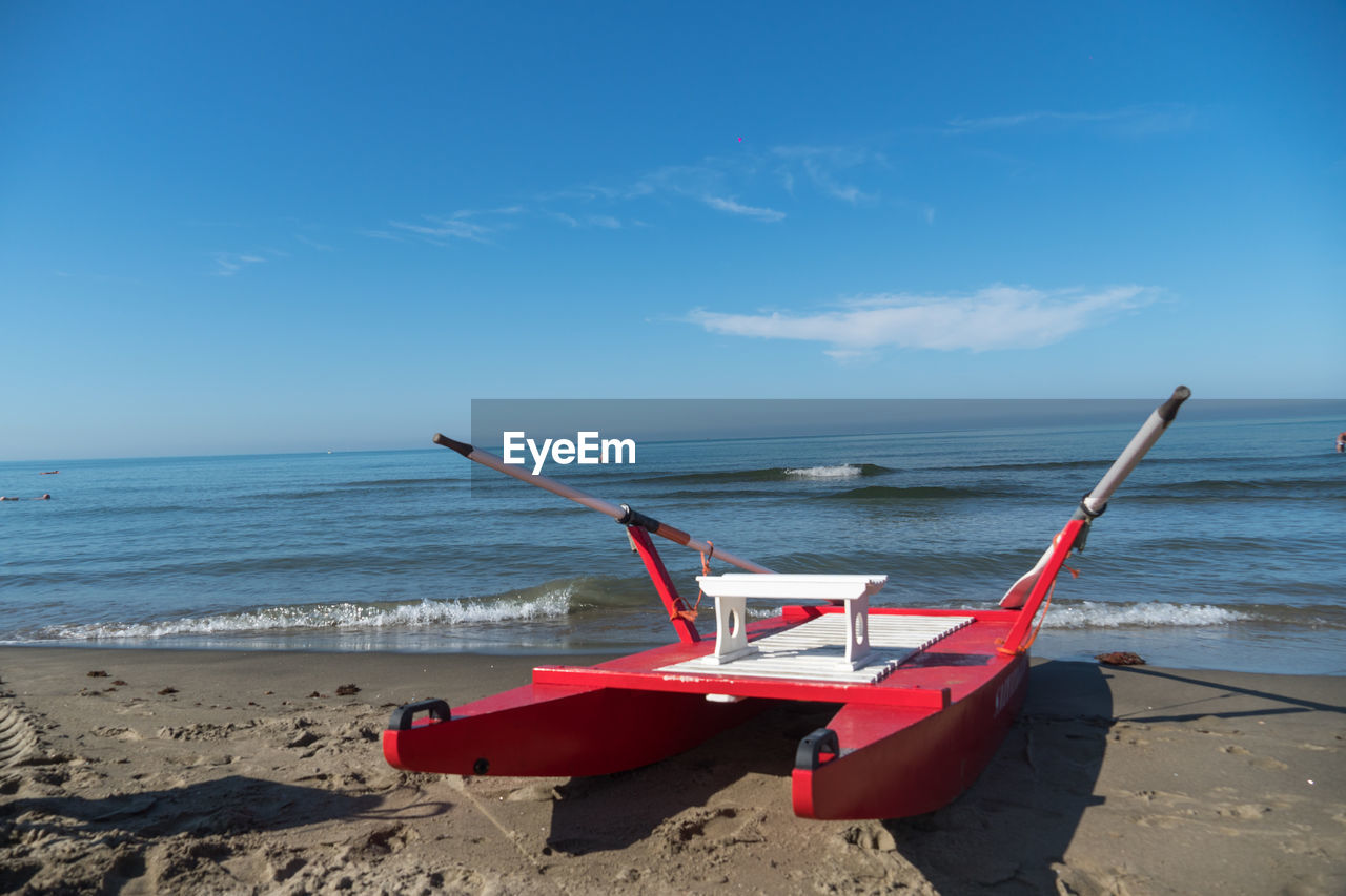 Rescue rowing catamaran on the sand