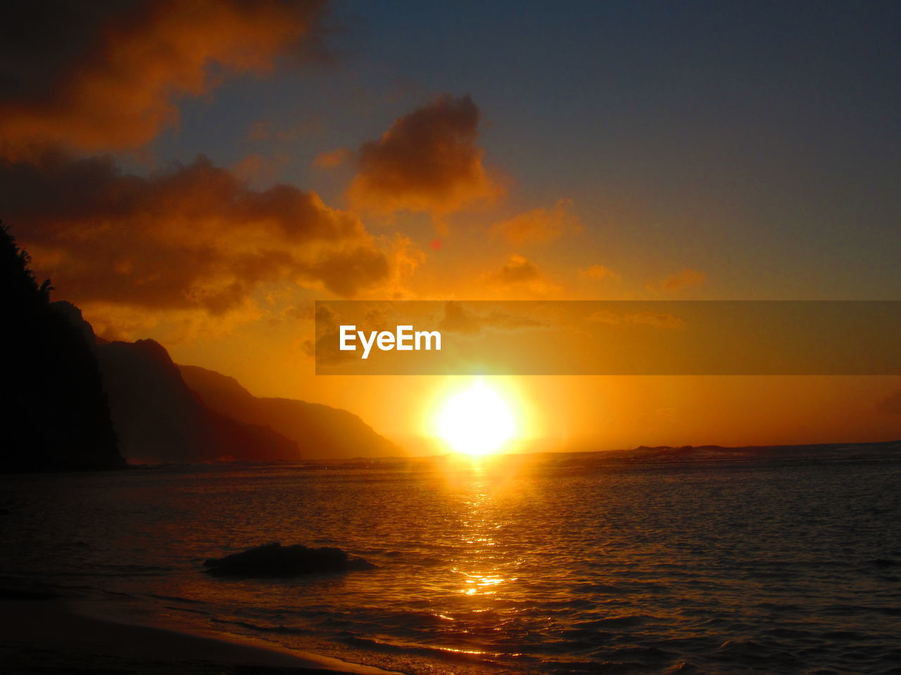 SCENIC VIEW OF SEA AGAINST ORANGE SKY DURING SUNSET