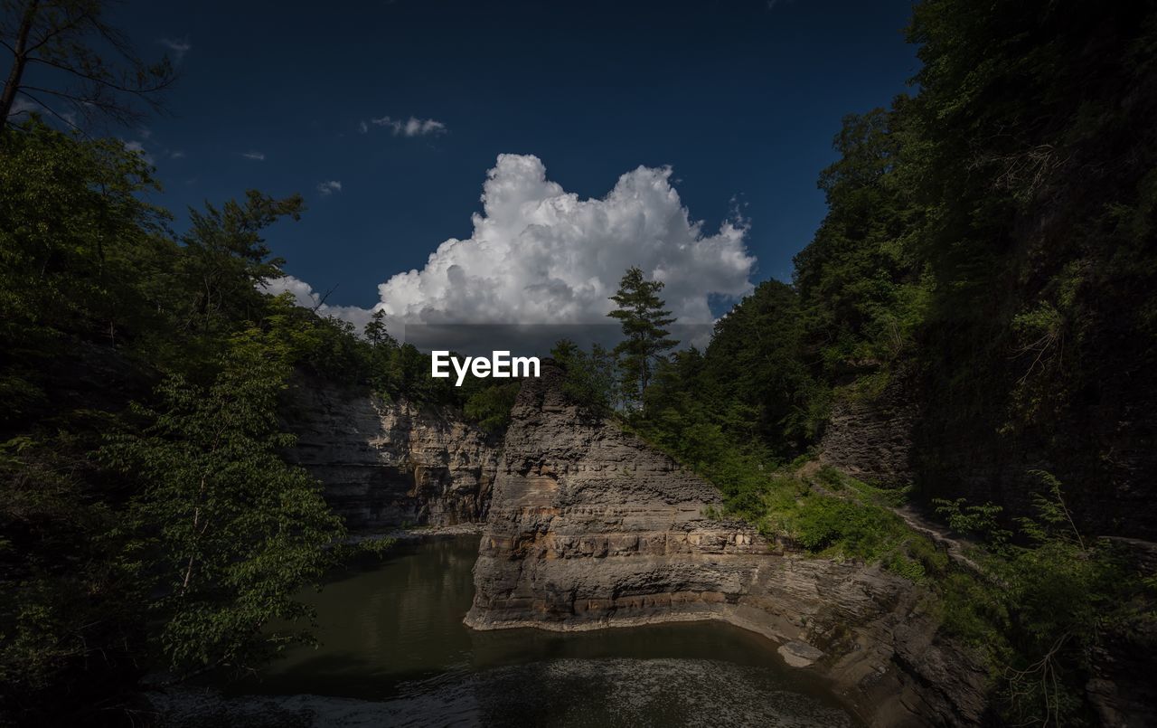 SCENIC VIEW OF WATERFALL AGAINST SKY IN FOREST