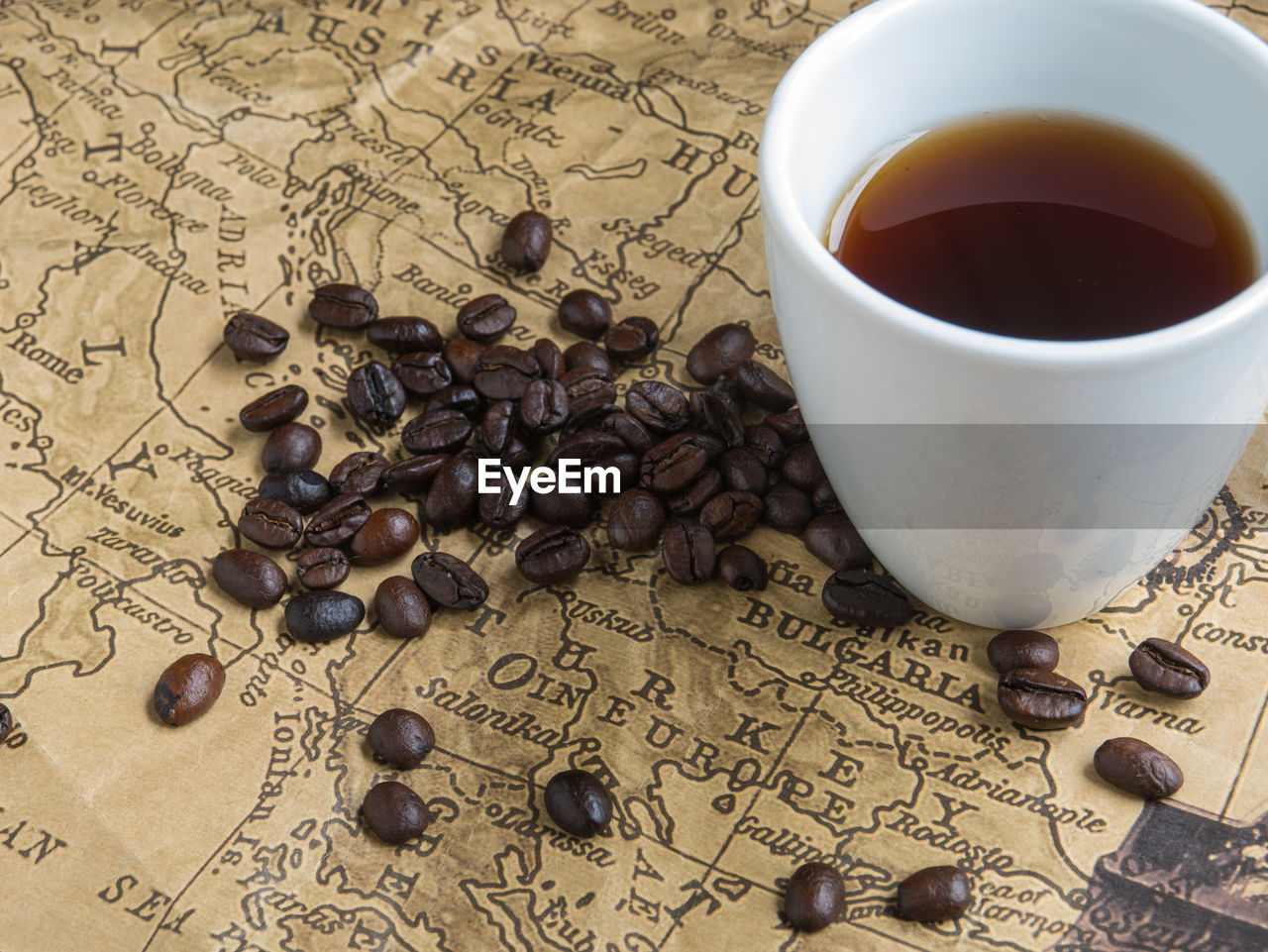 High angle view of coffee beans on table