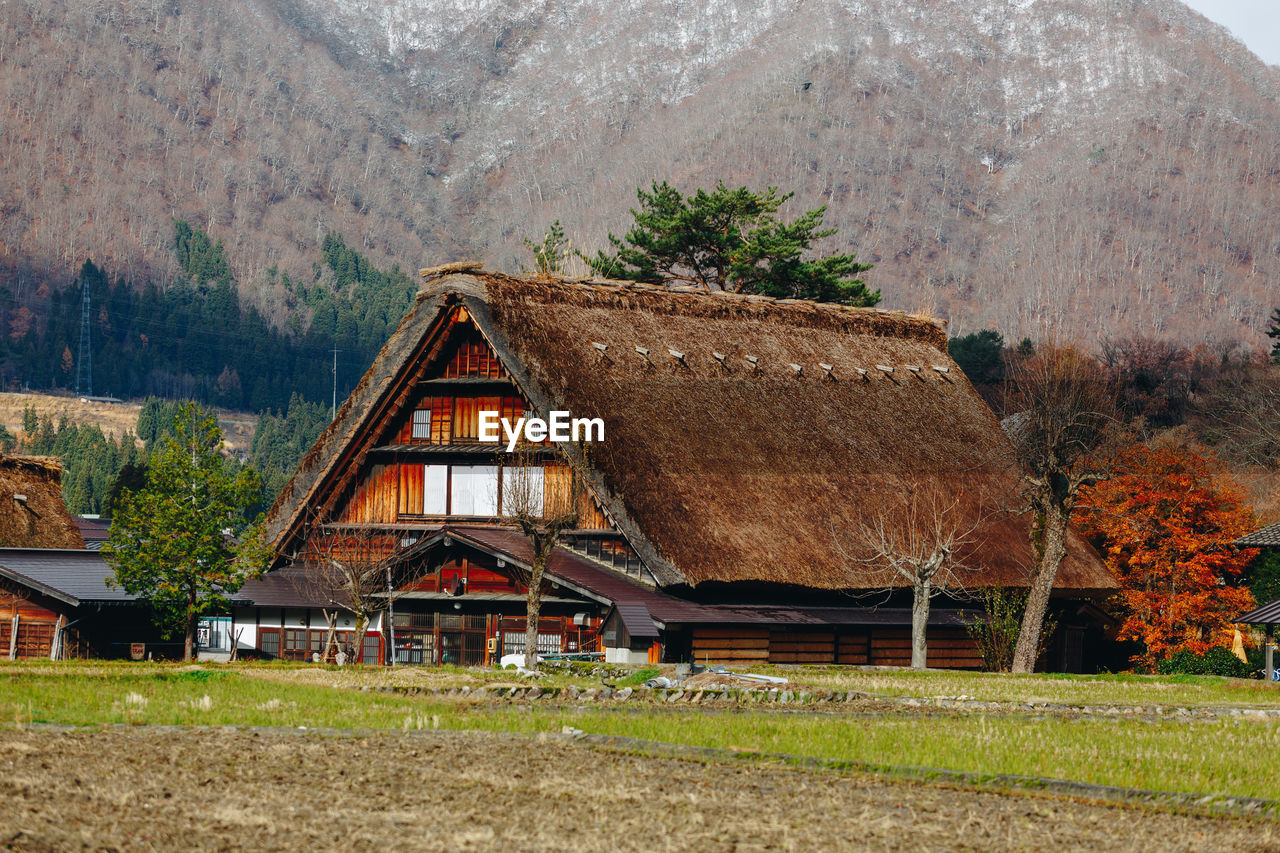 VIEW OF HOUSE ON FIELD AGAINST TREES