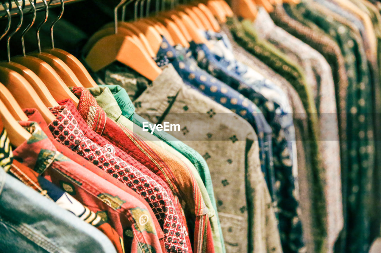 Close-up of clothes for sale in store