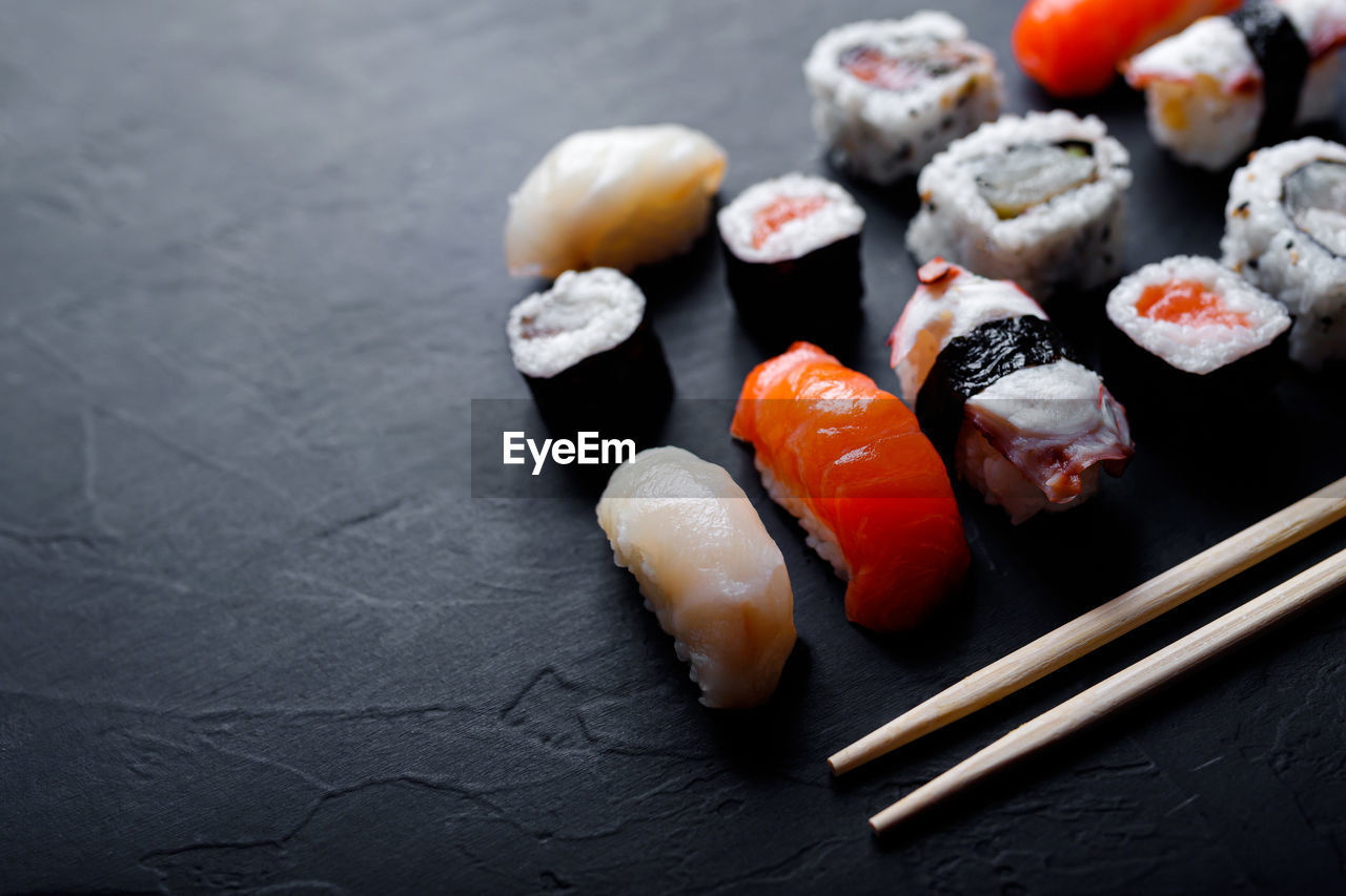 high angle view of sushi on table