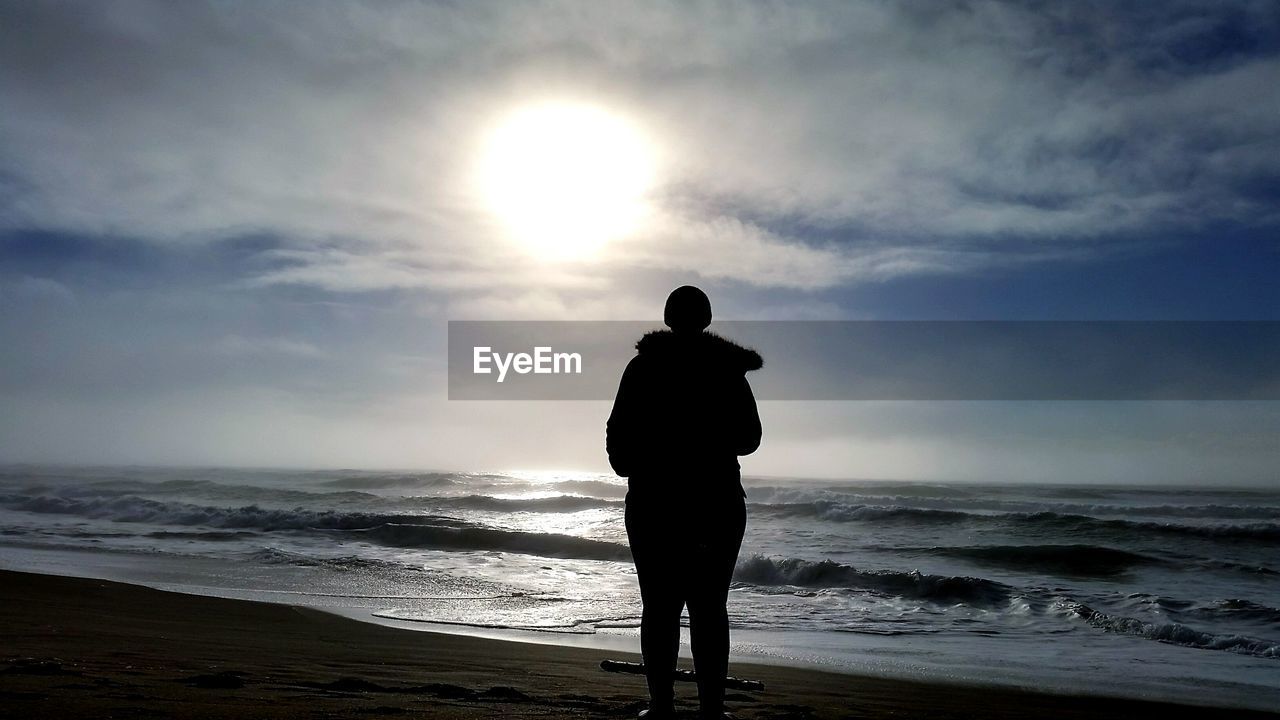 REAR VIEW OF SILHOUETTE MAN STANDING AT BEACH AGAINST SKY