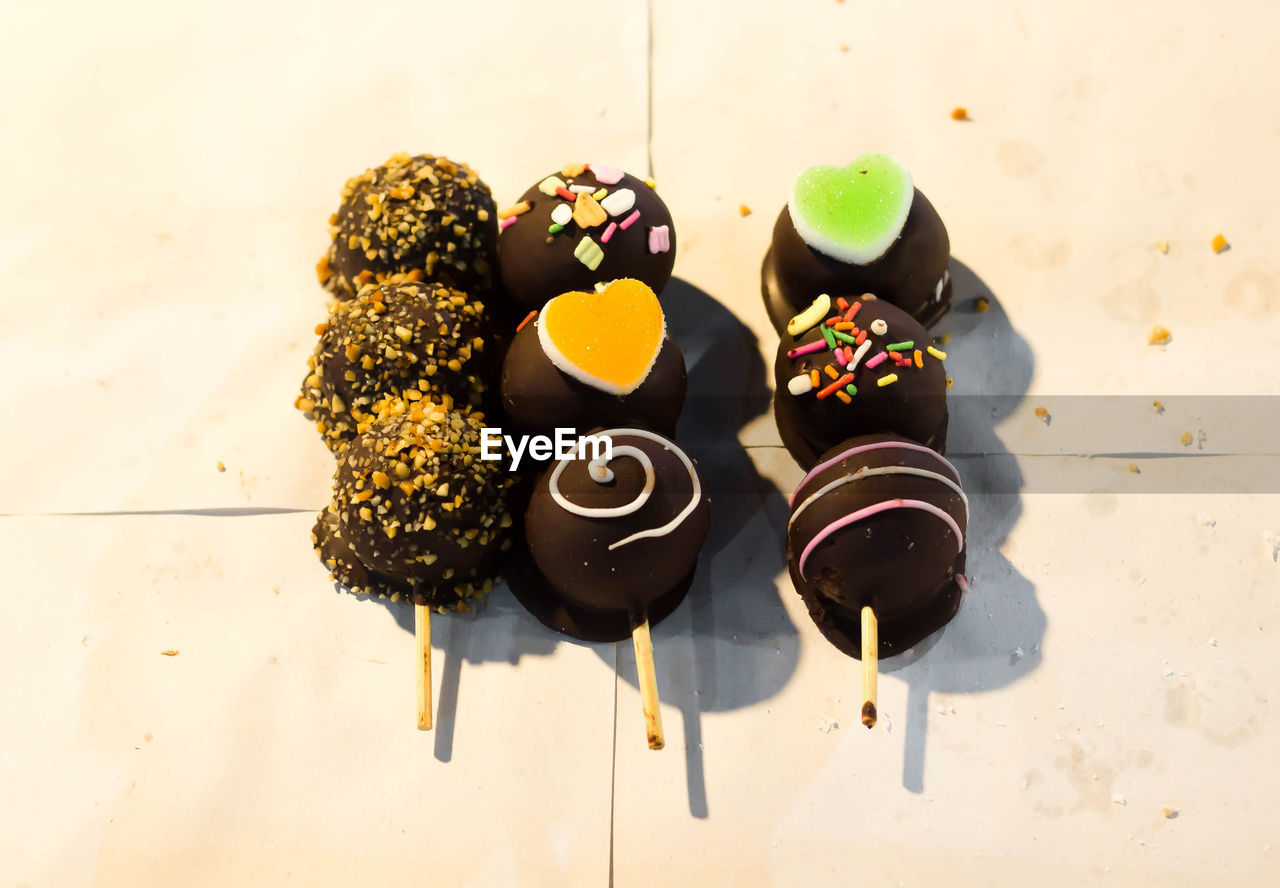 High angle view of chocolate cake on table